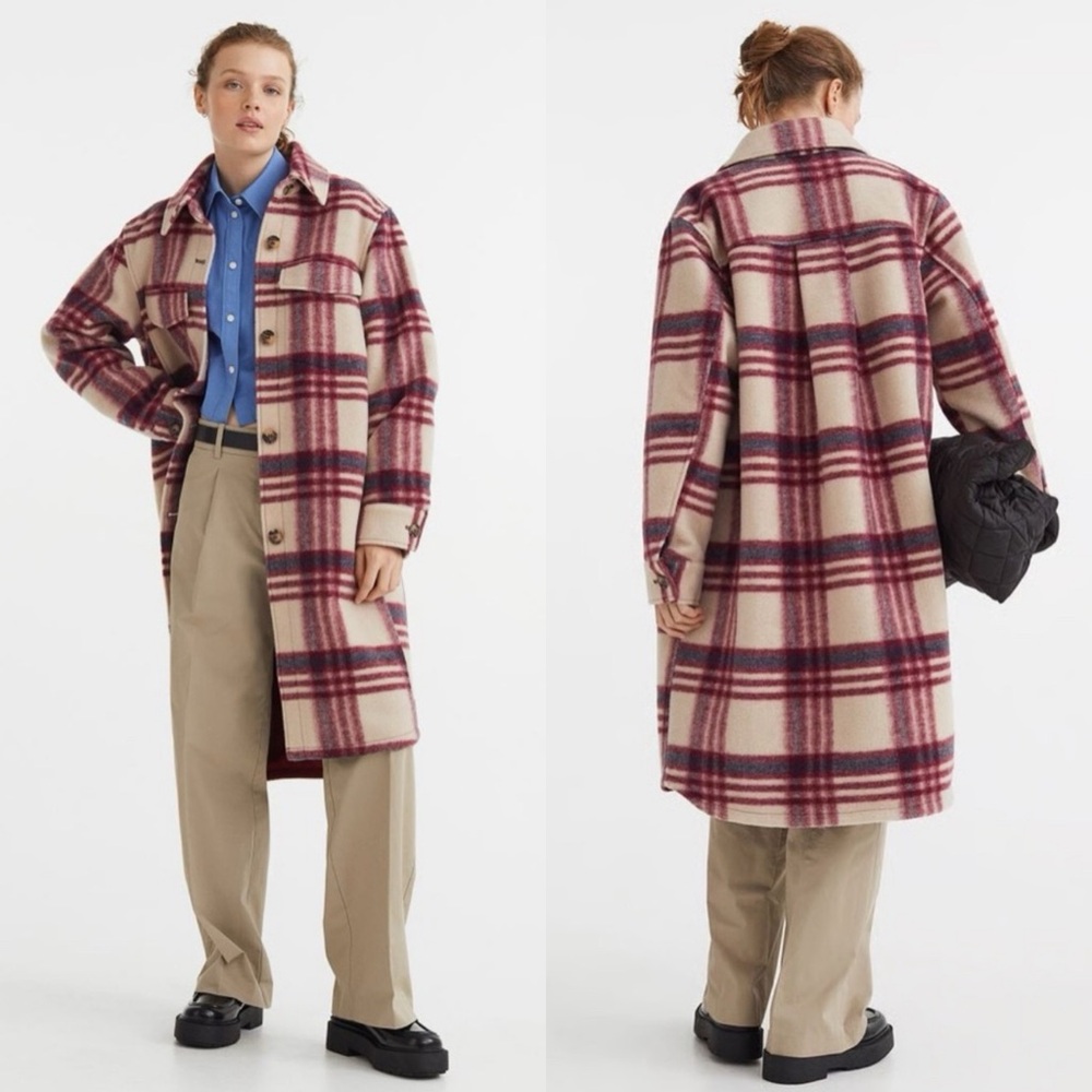 H&M Plaid Shacket Coat Jacket Red Tan Check Size XS